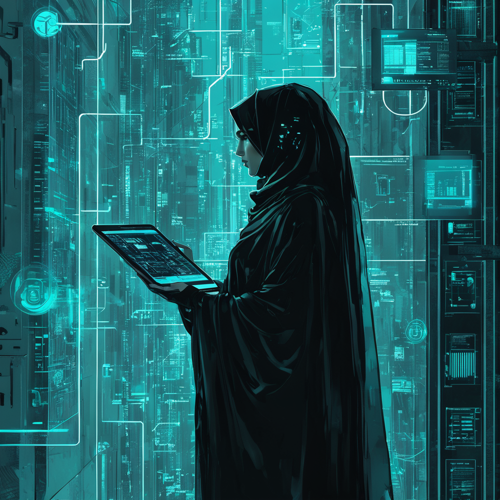 A woman in a hijab standing in front of a high-tech digital interface, holding a tablet with cybersecurity graphics, illuminated in a teal color scheme.