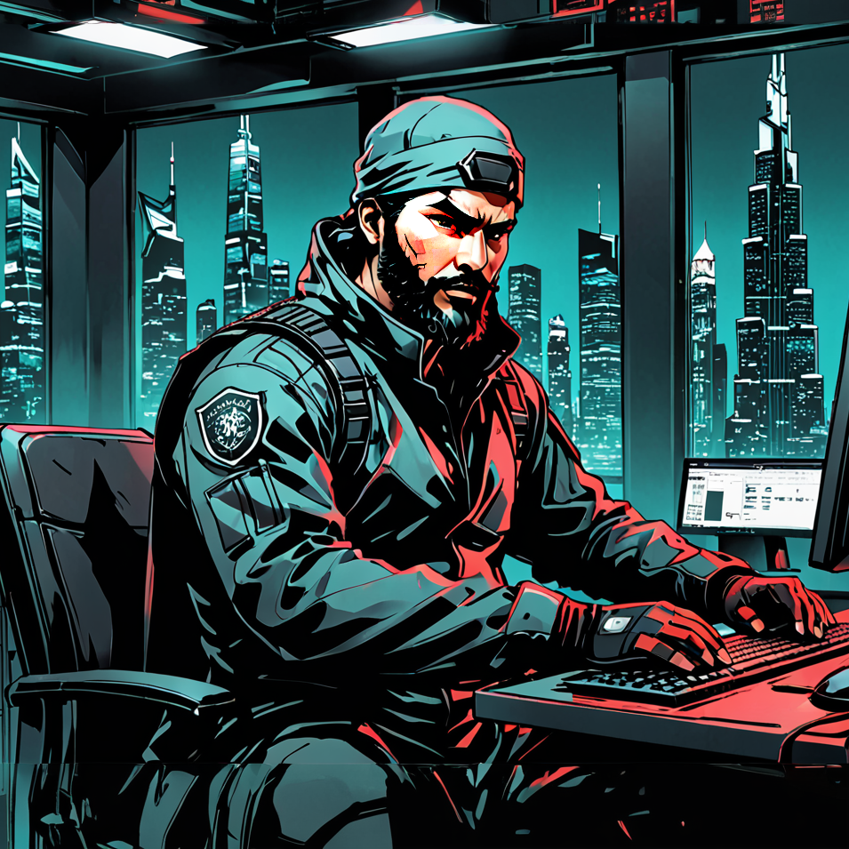 A cybersecurity professional in tactical gear working at a computer, with a futuristic city skyline visible in the background.