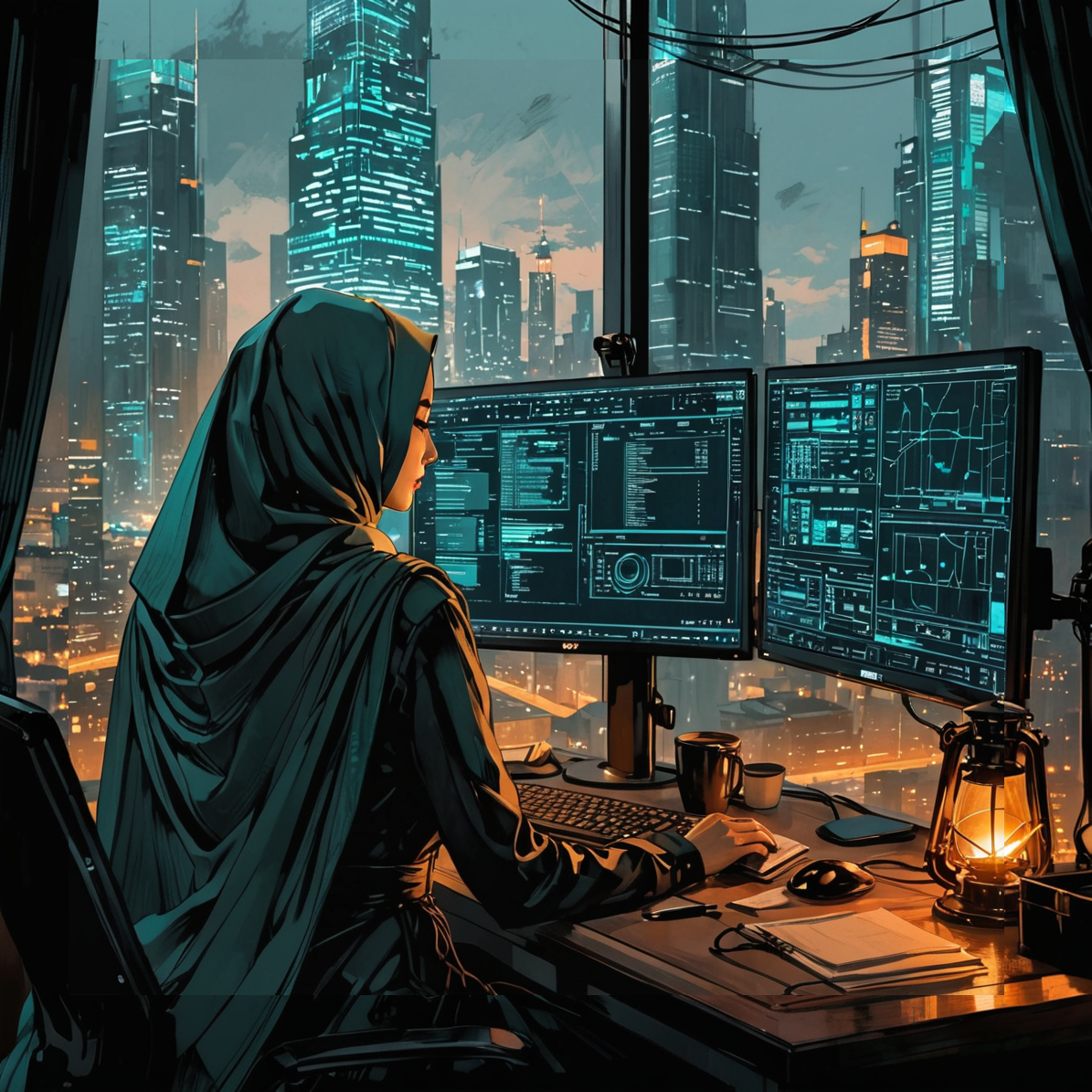 A woman wearing a hijab is seated at a desk with multiple computer monitors displaying cybersecurity data, set against a backdrop of a city skyline at night.