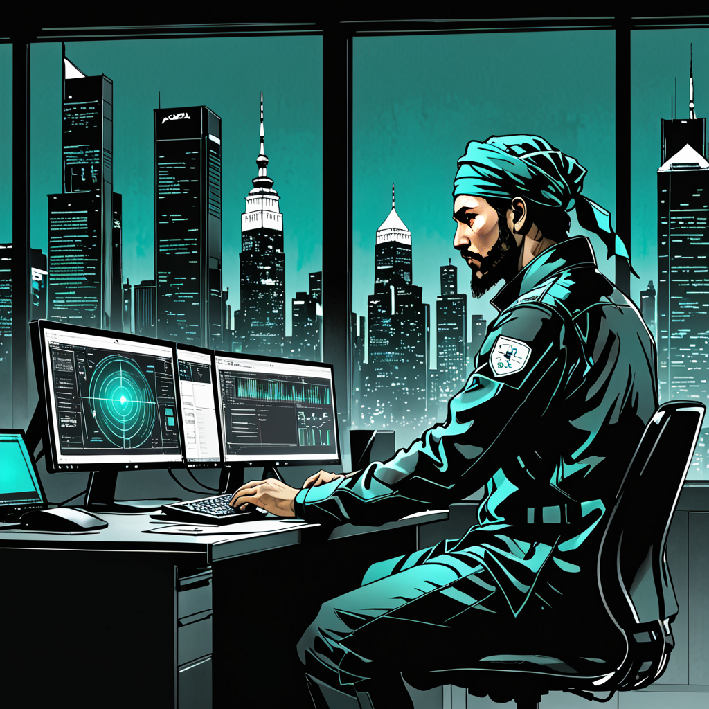 A cybersecurity professional in a tactical outfit works at a computer desk with multiple monitors displaying data analytics and security insights, against a backdrop of a city skyline.